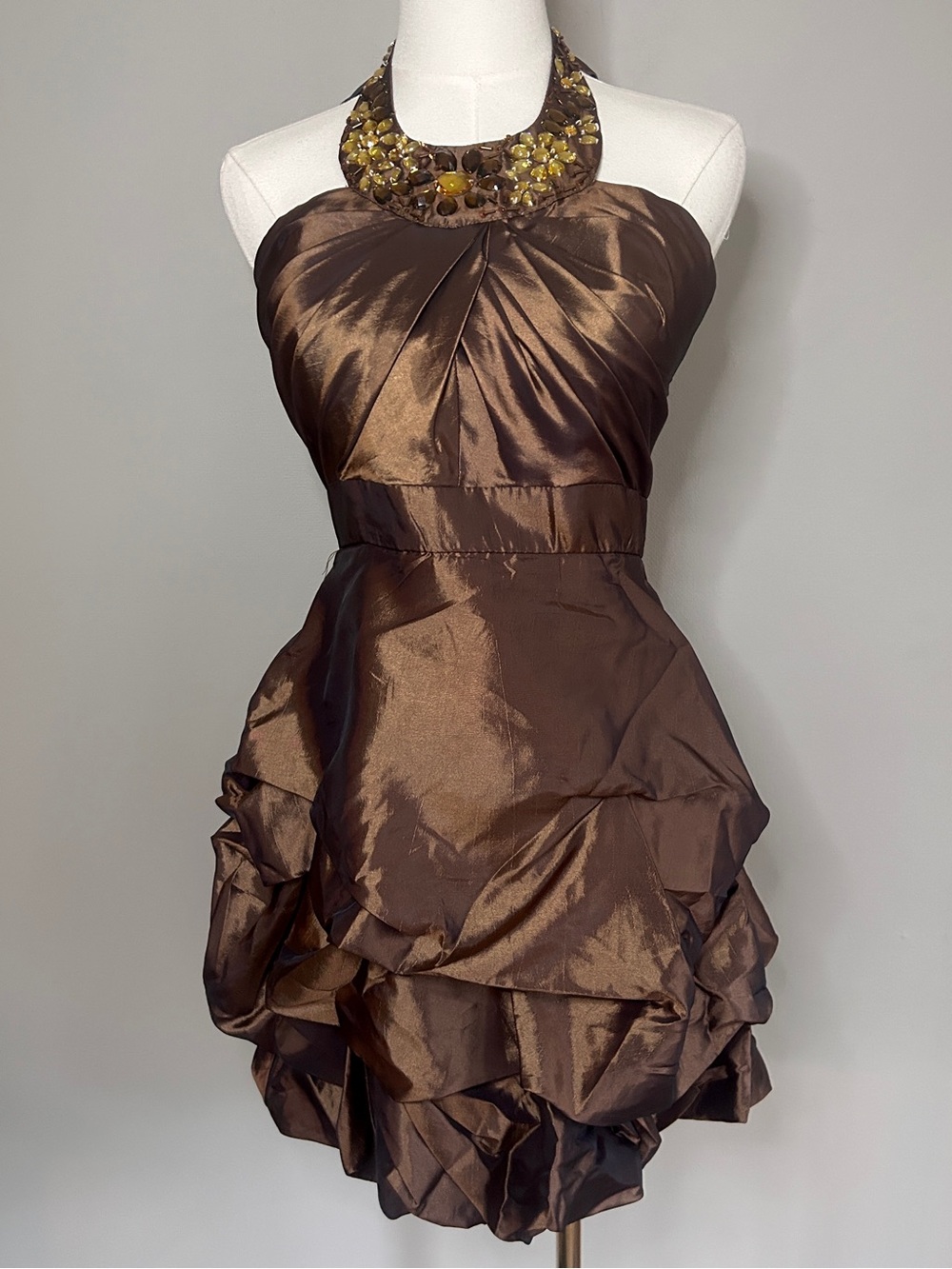 Y2K Masquerade Brown Beaded Halter Ruffle Bubble Hem Party Dress Homecoming 7/8 - Picture 3 of 14